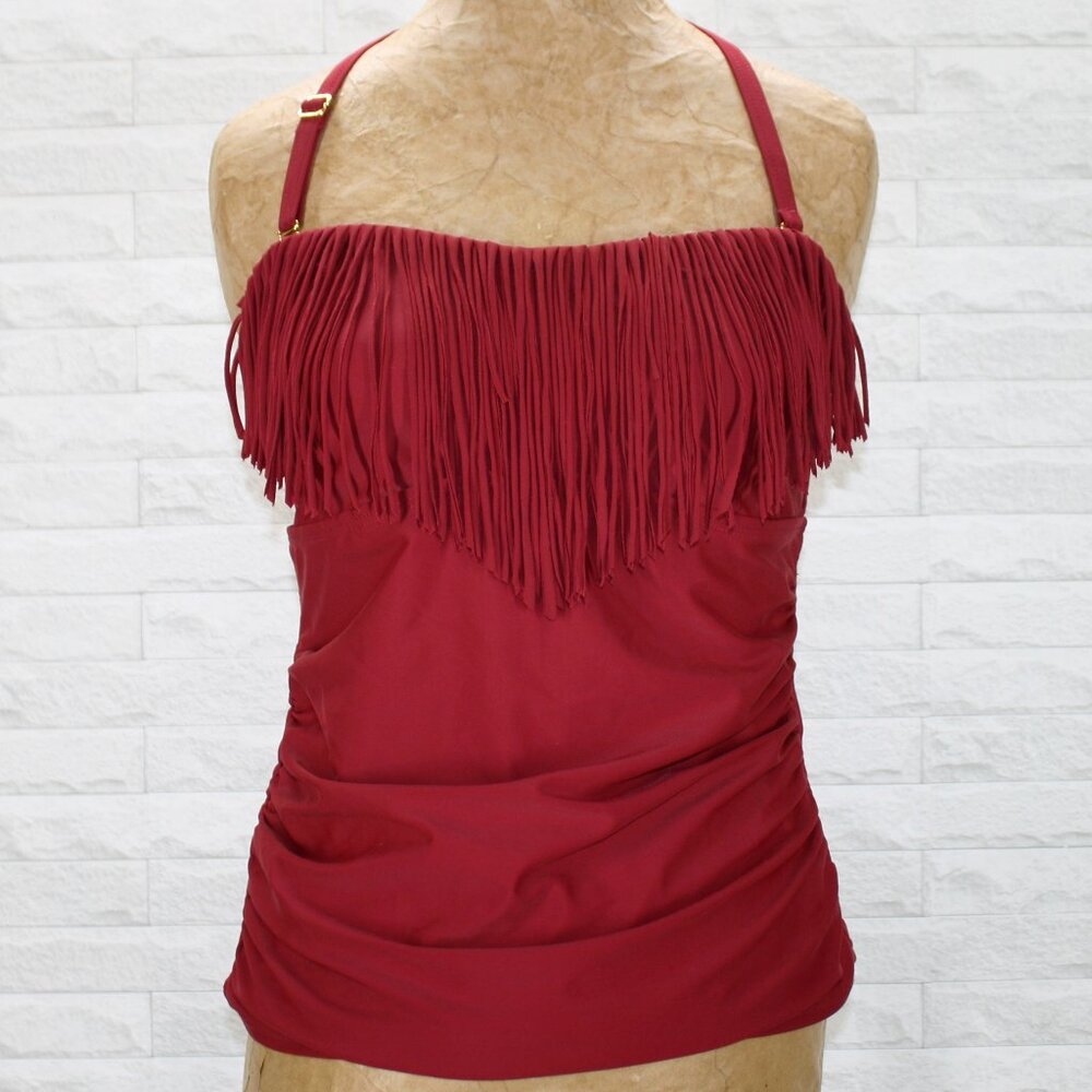 SWIMSUITS FOR ALL Tankini Fringe Top Swim Suit Bathing Suit Halter Burgundy 12